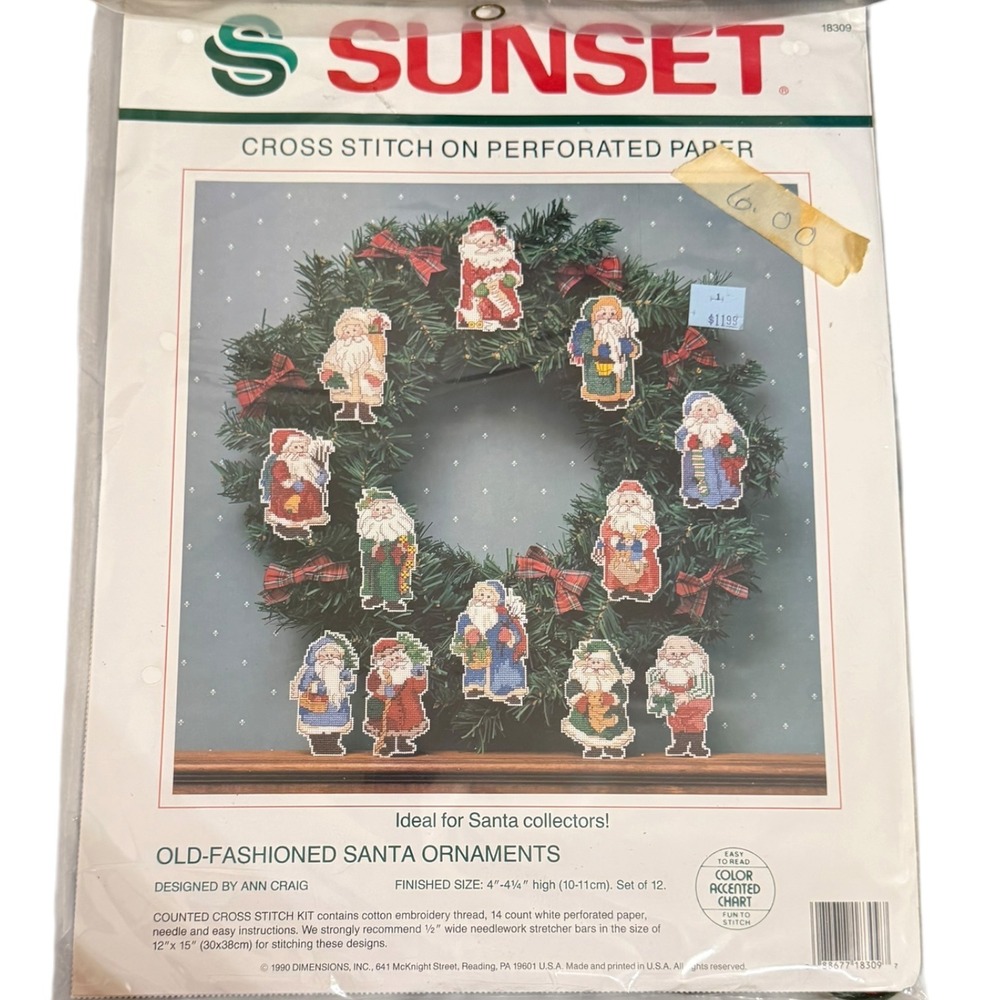 Sunset Old-Fashioned Santa Ornaments Cross Stitch Kit 18309 Ann Craig 1990 Vtg